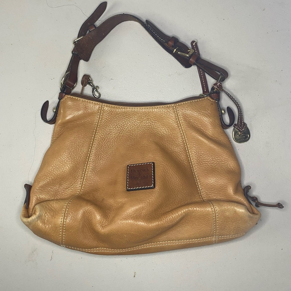DOONEY AND BOURKE HOBO BAG - BROWN PEBBLED LEATHER/RED INTERIOR. GOOD COND